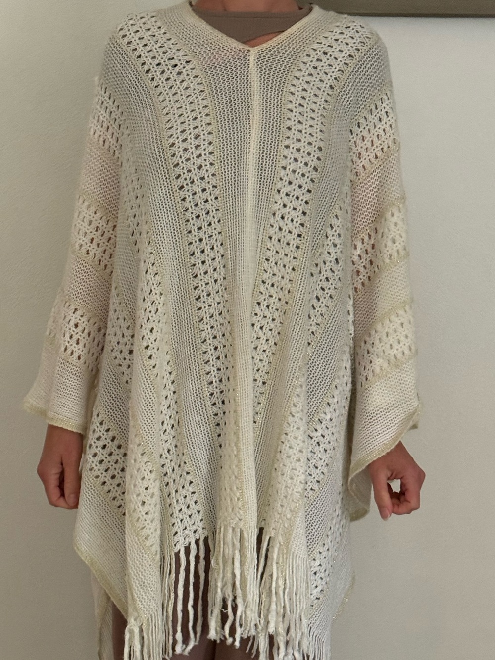 BCBGMaxAzria Cream Crochet Fringe Poncho